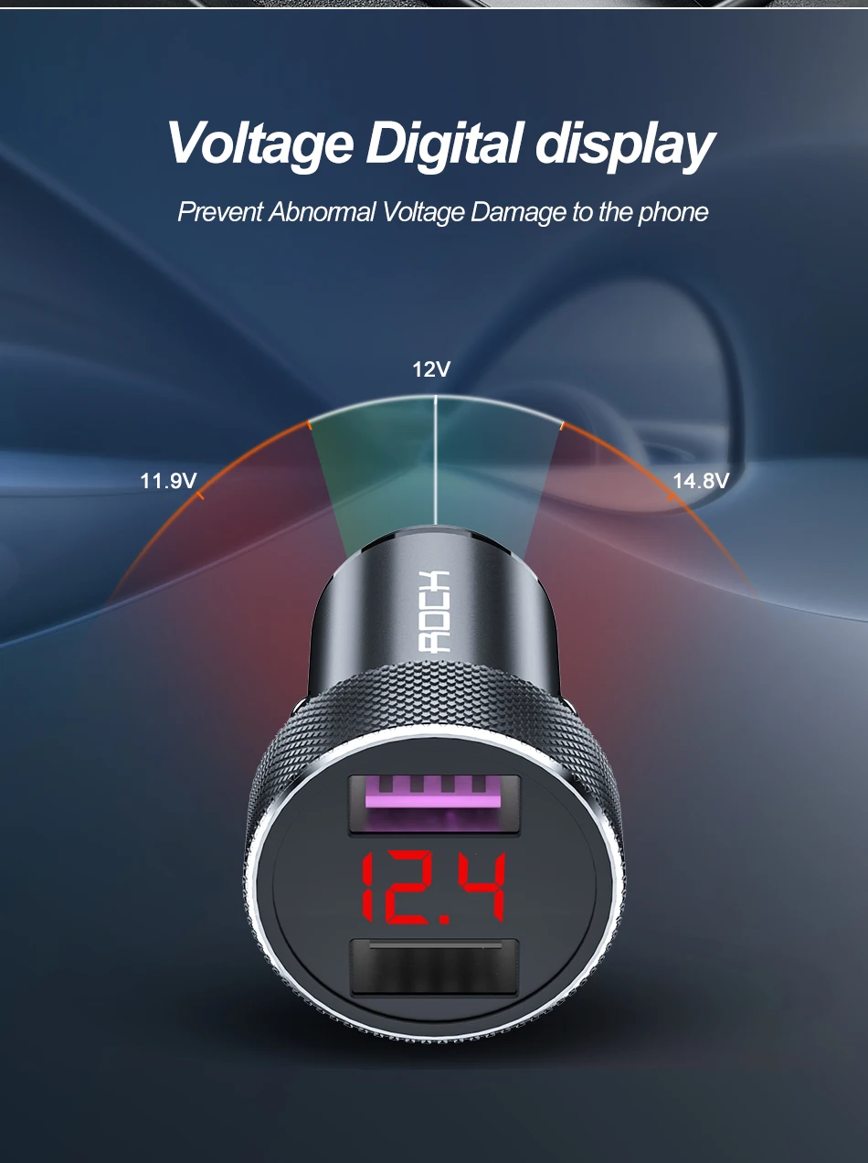 ROCK QC 3,0 Quick Charge Dual USB металлическое автомобильное зарядное устройство цифровой светодиодный дисплей для iPhone 11X8 Xiaomi samsung huawei Быстрая зарядка
