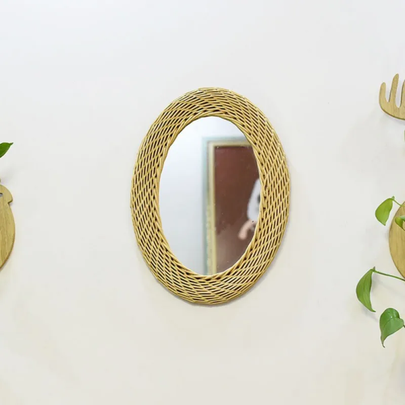 

Decorative Wall Mirror Rattan Make-up Mirror For Creative Art Deco Circular Mirror Living Room Wall Hanging Pendant Bathroom