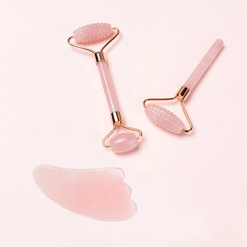 

4 in 1 Rose Quartz Roller with Gua Sha Set Double Heads Jade Stone Face Lift Body Skin Lift Jade Roller 3Pcs/Lot