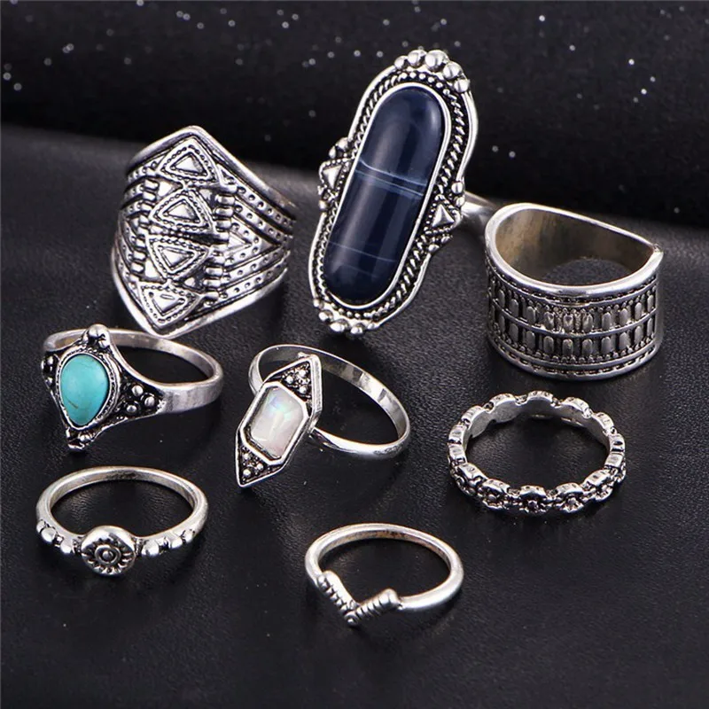 

Gothic Punk Knuckle Rings Set Bohemia Exaggeration Geometric Gem Vintage Finger Rings For Women Personality Jewelry 8pcs/set