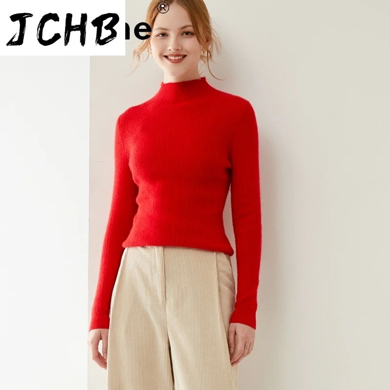 SHZQJCHB Autumn Sweaters for Women 100% Wool Woman Pullover Knitted Sweater Winter Female Half Collar Clothes Pulls Femme TN953