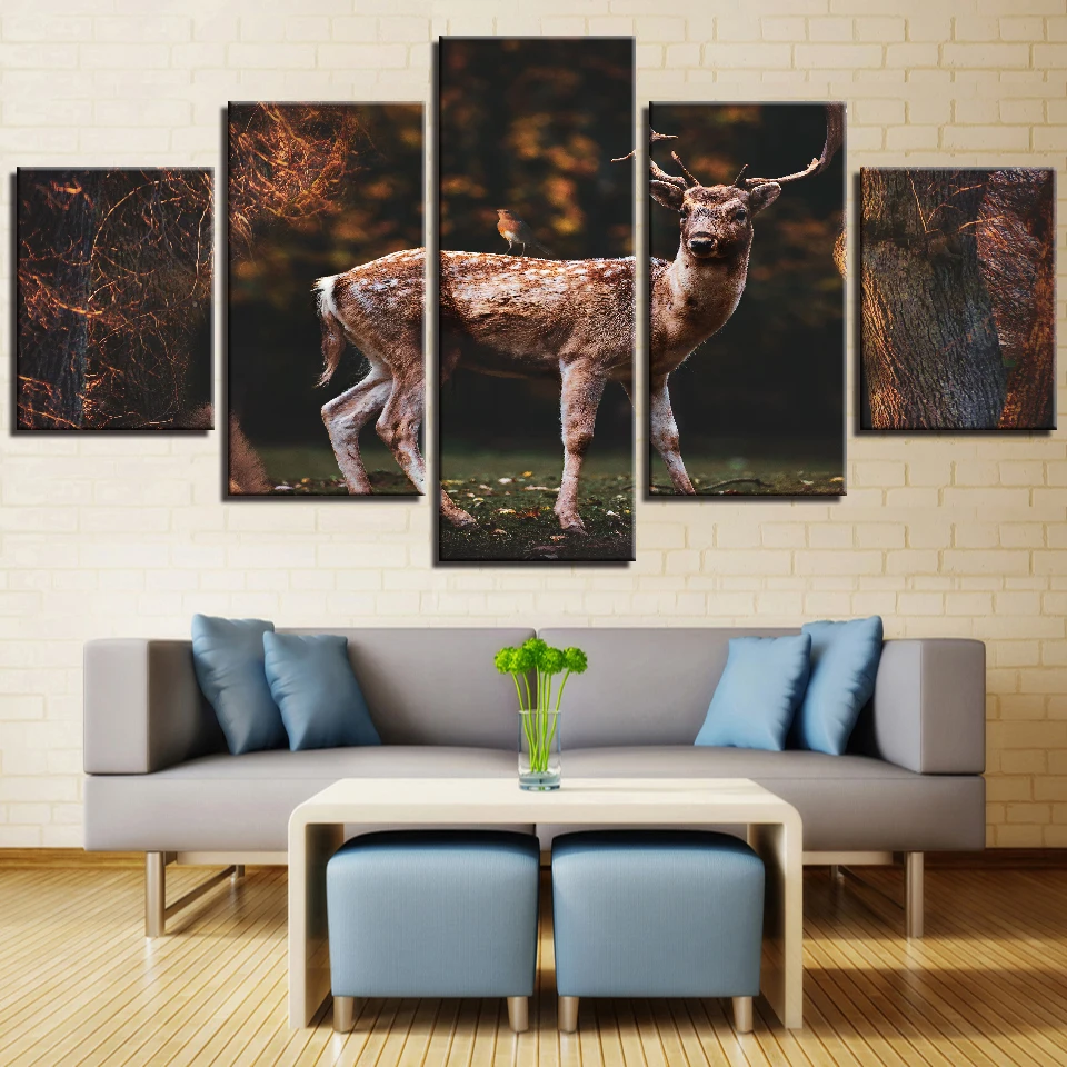 

5 Panels Modular Pictures Animal Deer and Bird Canvas Wall Art Painting Forest Landscape Poster Living Room Decor Wallpaper