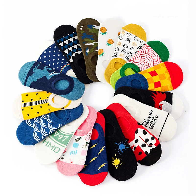 5 Pairs Invisible Funny Cotton Summer Boat No Show Socks Non-slip Women Men Short Low Cute Happy Sock Slippers Silicone Socks