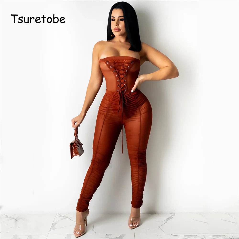 

Tsuretobe Sexy Strapless Jumpsuit Women Mesh Perspective Romper Middle Waist Bandage Bodycon Jumpsuit Night Club Party Clothes