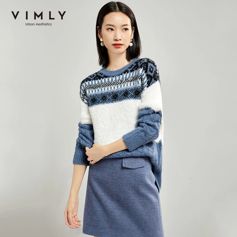 Vimly Женский вязаный свитер Осенний винтажный с круглым вырезом и узором кроше