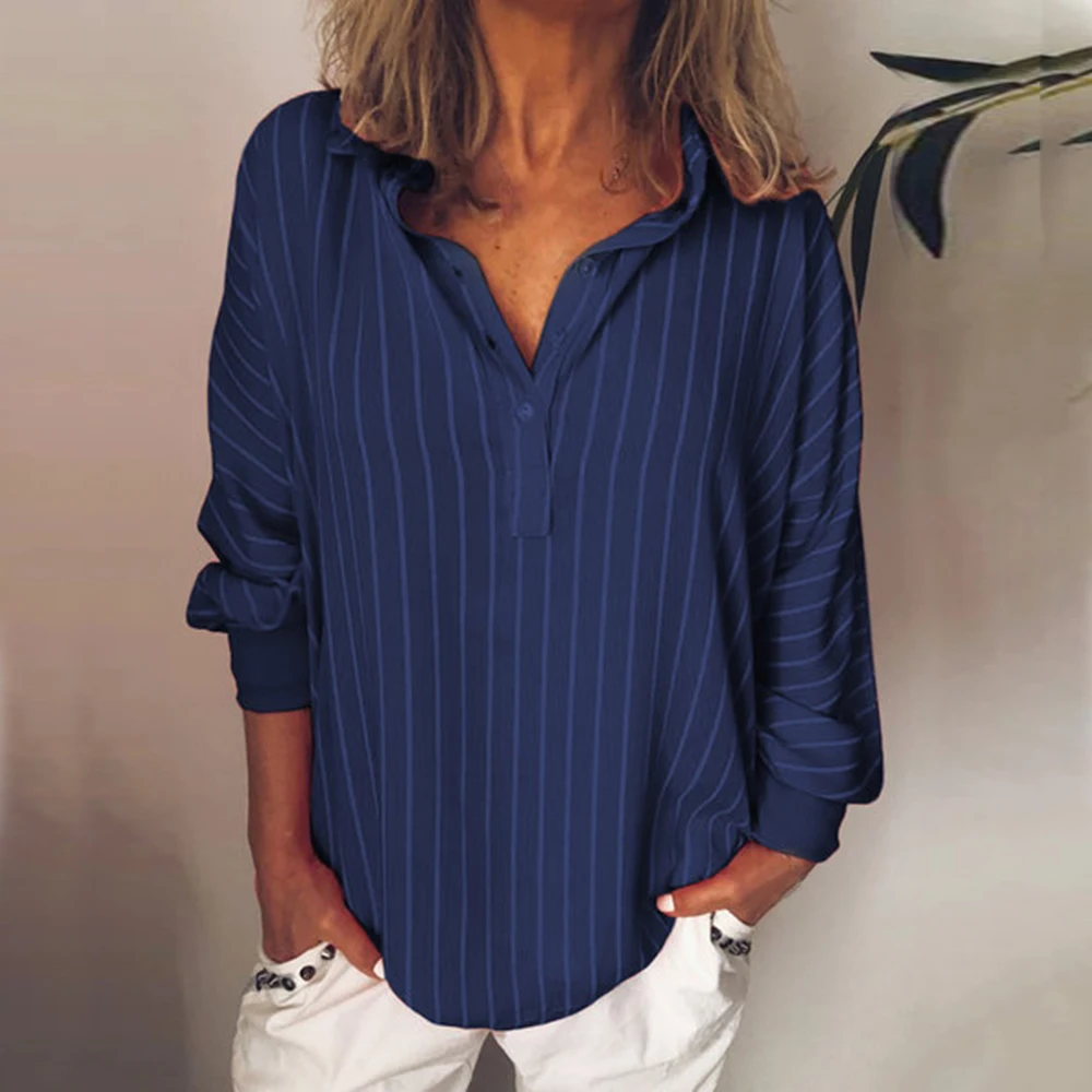 Осенняя Женская Повседневная полосатая блузка с v образным вырезом свободная