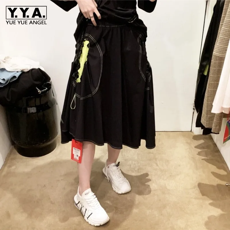 2021 Spring Summer Mixed Color Asymmetrical Skirts Women Street Black Casual A-Line Skirts Elastic High Waist Pleated Skirts