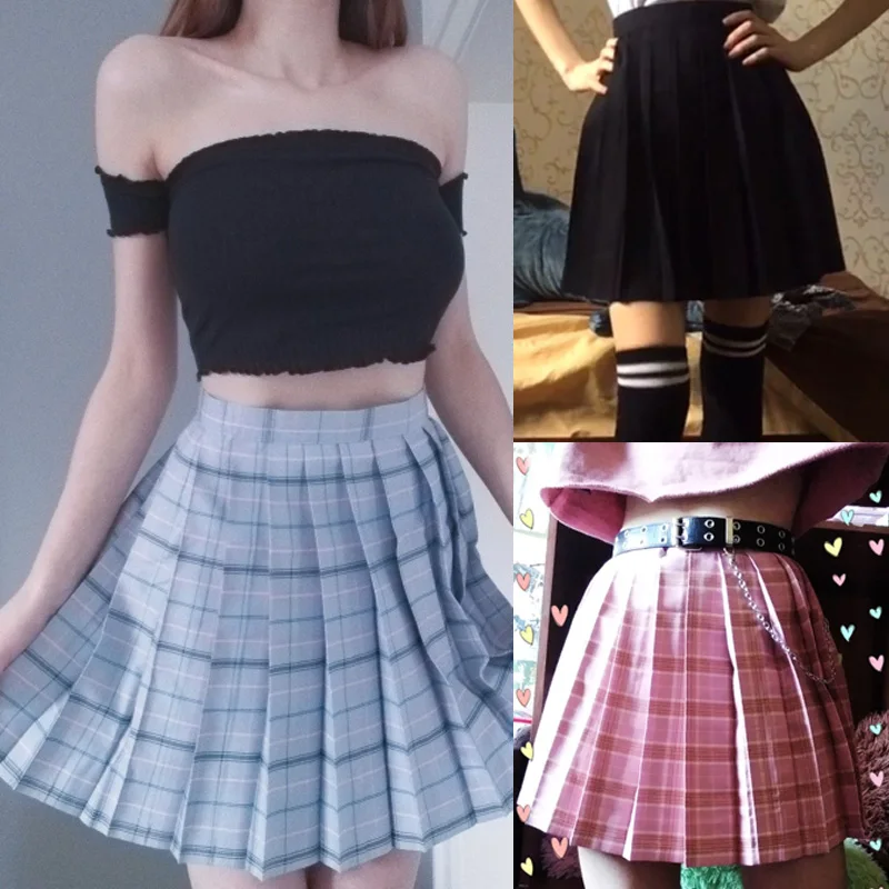 

Spring and Summer High-waist Harajuku Women's Short Skirt High-waist Pleated Plaid Solid Color Mini Skirt for Students