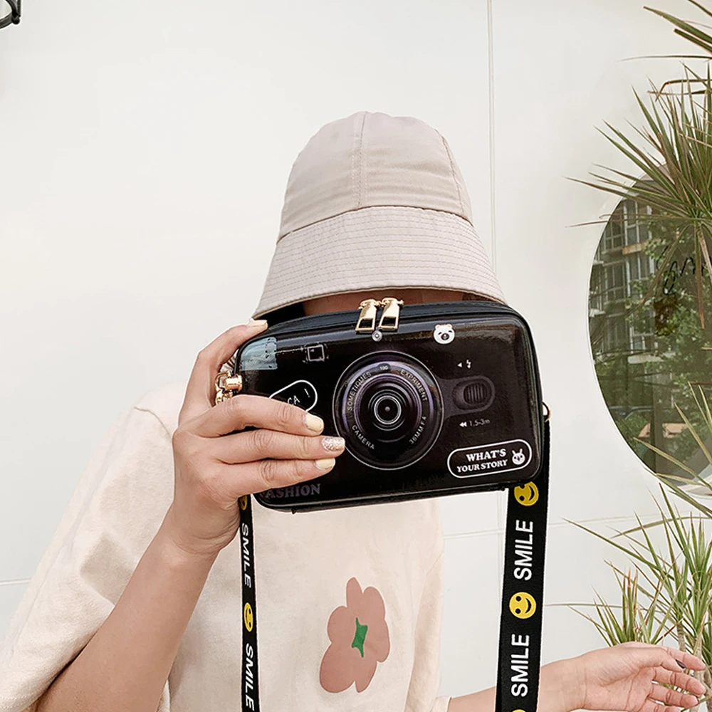 

Cute Women Bag Personality Camera Shape Designer Handbag Fashion Cartoon Printed Chain One-Shoulder Crossbody Bags Female Purses