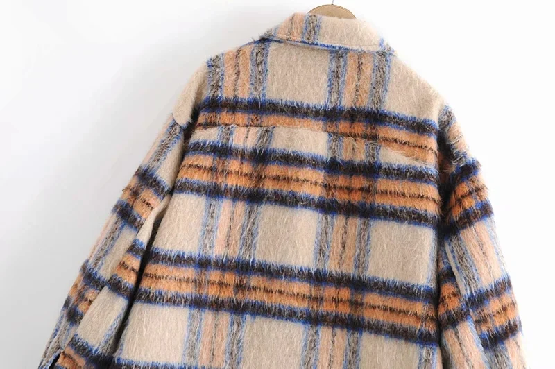 

Women 2021 Fashion With Metal Button Oversized Check Jacket Coat Vintage Long Sleeve Pockets Female Outerwear Chic Tops C372