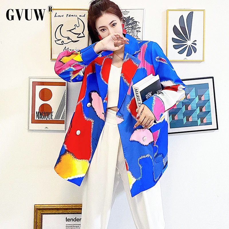

[GVUW] Color Contrast C-position Blazer Age Reducing Printing Suit Coat Fried Street 21 Spring And Autumn Women's KB1639