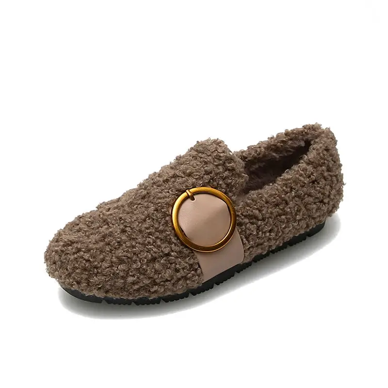 

Faux Wool Fur Loafers Shoes Women Winter Buckle Flats Shoes Size 33-43 Women Slip On Shoes Cream Flats Furry Loafers For Girls