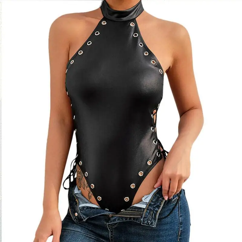 

Womens Lace Up Halter Neck Bodysuit Backeless Sexy Leather Lingerie Nightwear Sleepwear Underwear Plus Size