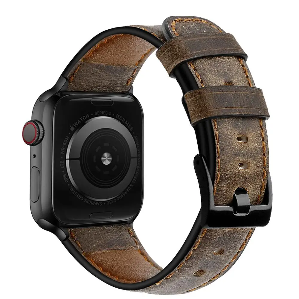 Ремешок кожаный для Apple watch band 44 мм 40 38 42 ретро браслет из натуральной кожи
