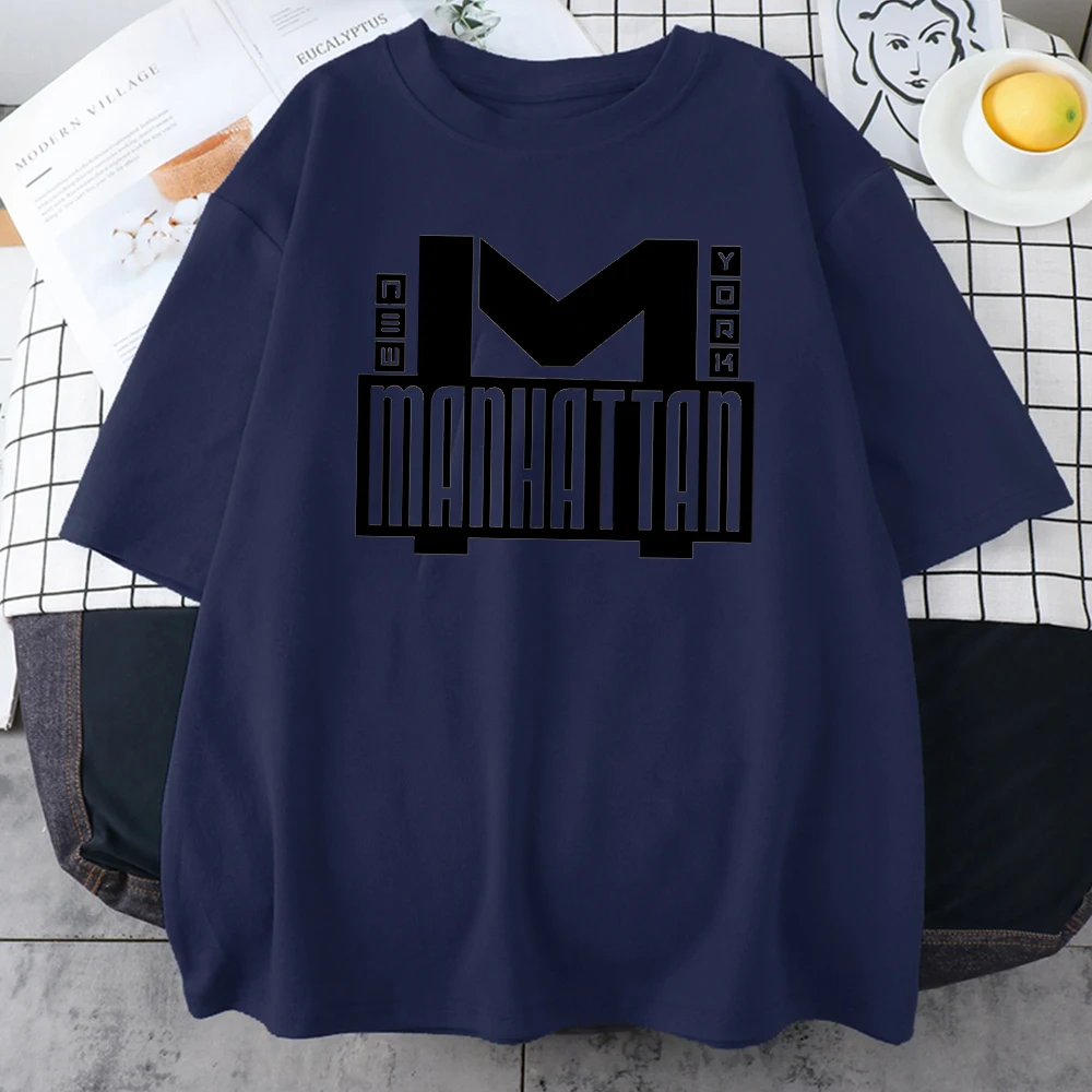 

Футболка женская хлопковая с принтом Манхэттена, Повседневная дышащая удобная рубашка с круглым вырезом, в винтажном стиле, свободного пок...