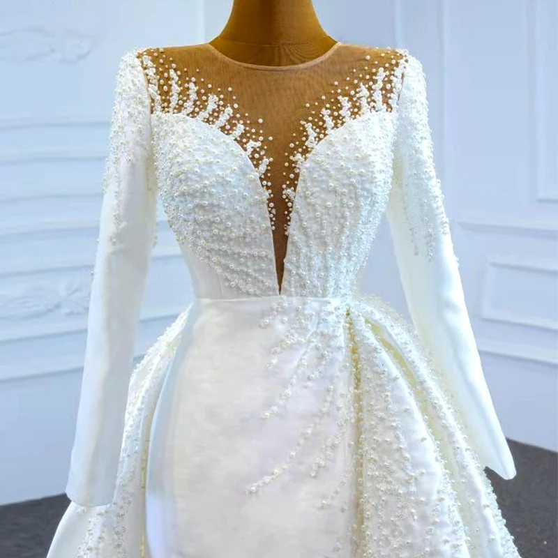 J67215 JANCEMBER Elegant White Wedding Dresses 2020 Long Sleeve Satin Sexy V-Neck Pearls Beading A-Line