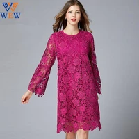 2021 new arrival luxury lady lace dress hollow out flare rose red plus size loose above knee party vestidos evening mesh dress