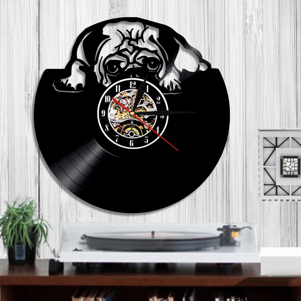 Настенные часы с виниловой пластиной украшение на стену в виде мопса собаки