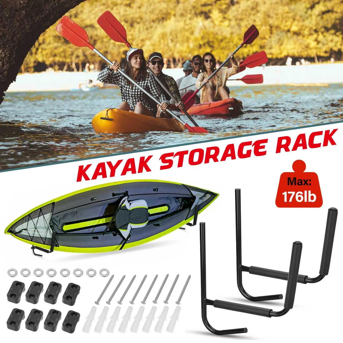 

Wall Mount Kayak Storage Rack Carbon Steel Surfboard Canoe Paddleboard Snowboard Skiboard Skiboard Heavy Duty Hooks Hangers