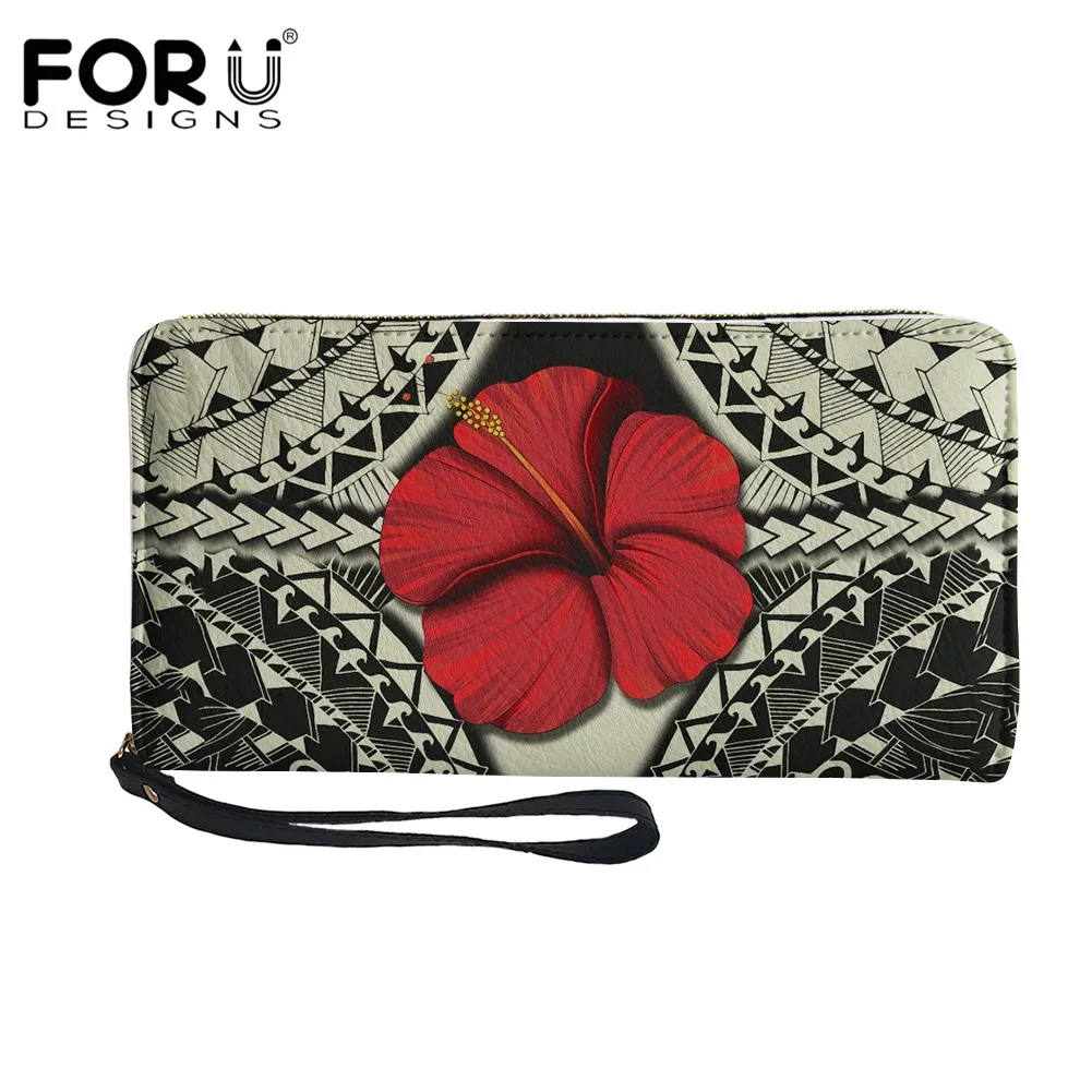 

FORUDESIGNS Polynesian Hibiscus Flower Print Long Wallet for Ladies Fashion Women's Party Clutch Leather Wristband Coin Purse