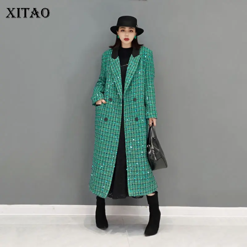 

XITAO Fashion Lattice Trench Solid Color Splicing Turn-down Collar Simplicity Temperament Women 2021 All-match New GWJ2133