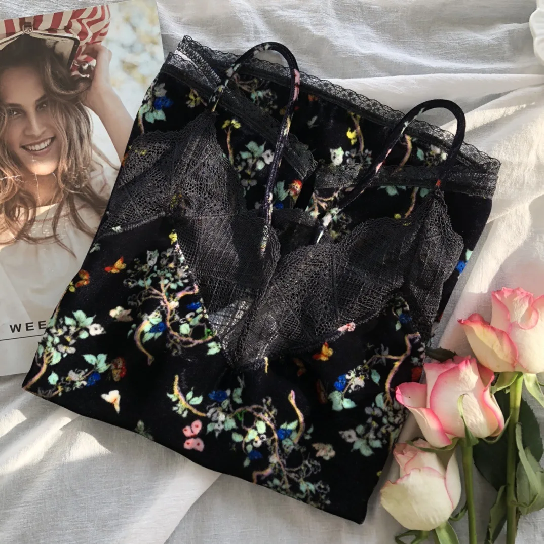 

Brand Fashion Women High Luxury Spring Autumn Vintage Elegant Printed Silk Velvet Sexy Short V-Neck Loose Sling Camis Tank Top