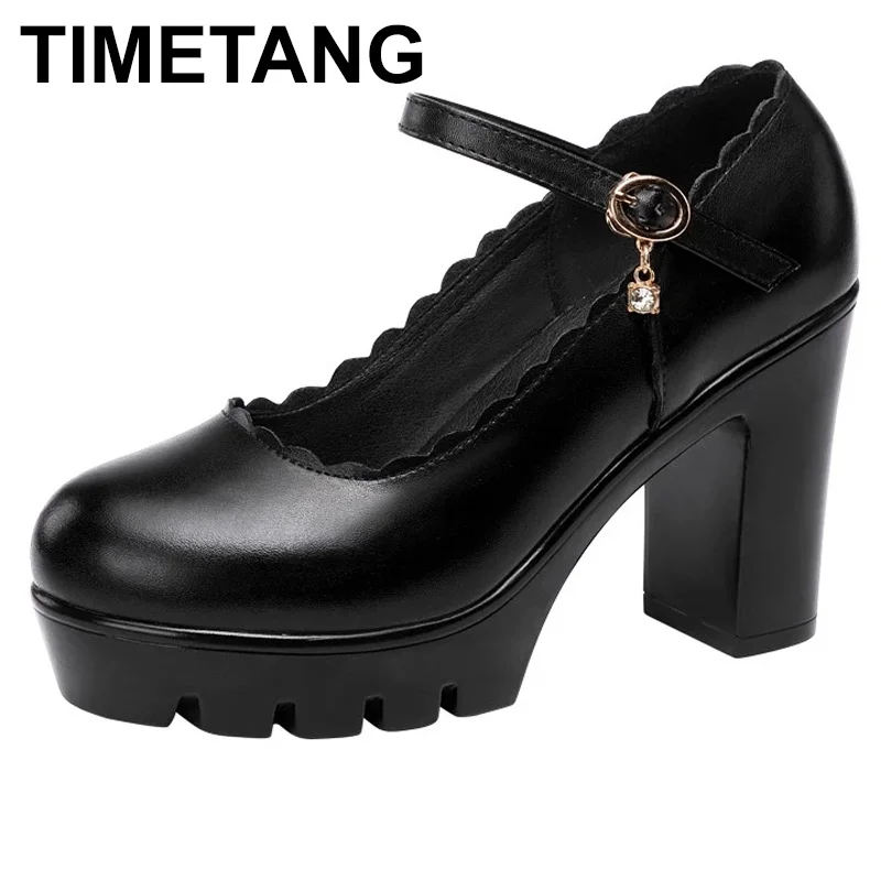 

TIMETANGPlus Size 32-43 Ankle Buckle White Red Wedding Shoes Women 2021 Spring Summer Leather Block High Heels Platform Pumps