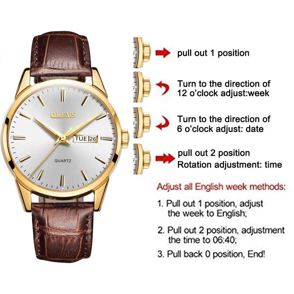 OLEVS Couple Watch Breathable leather Band Fashion Business Waterproof His and Her Quartz Wristwatch Set for Lovers One Pair