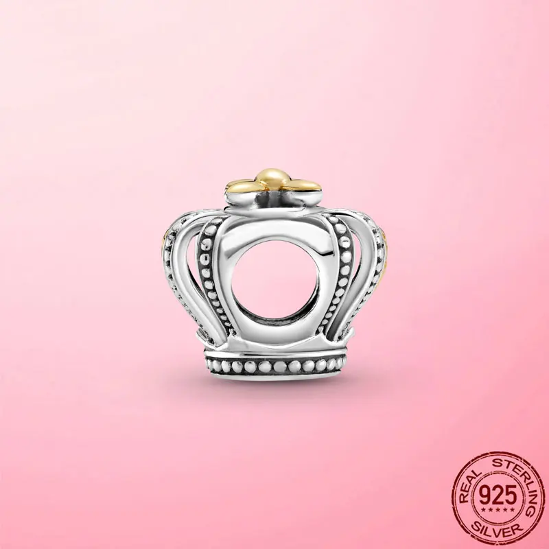 

2021 New 925 Sterling Silver Two-tone Regal Crown Charm Beads fit Original Pandora Bracelet Bangle Silver 925 Jewelry Making