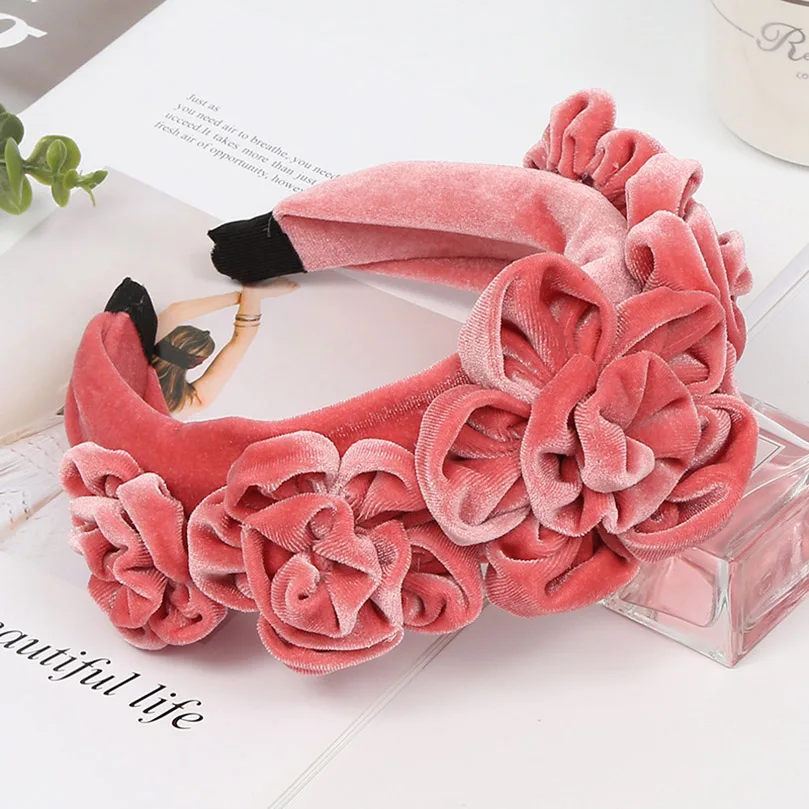 A AWAYTR New Solid Color Peony Flower Velvet Hairband for Women Winter Headdress Ladies Ball Party Retro Fashion Accessories - Цвет: A