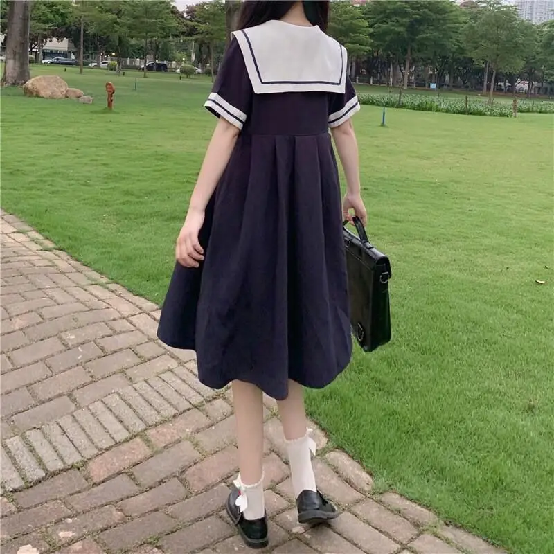 

MAGOGO Navy Collar Black Dress Female New Korean Loose Waist Japanese College Style Long Dress