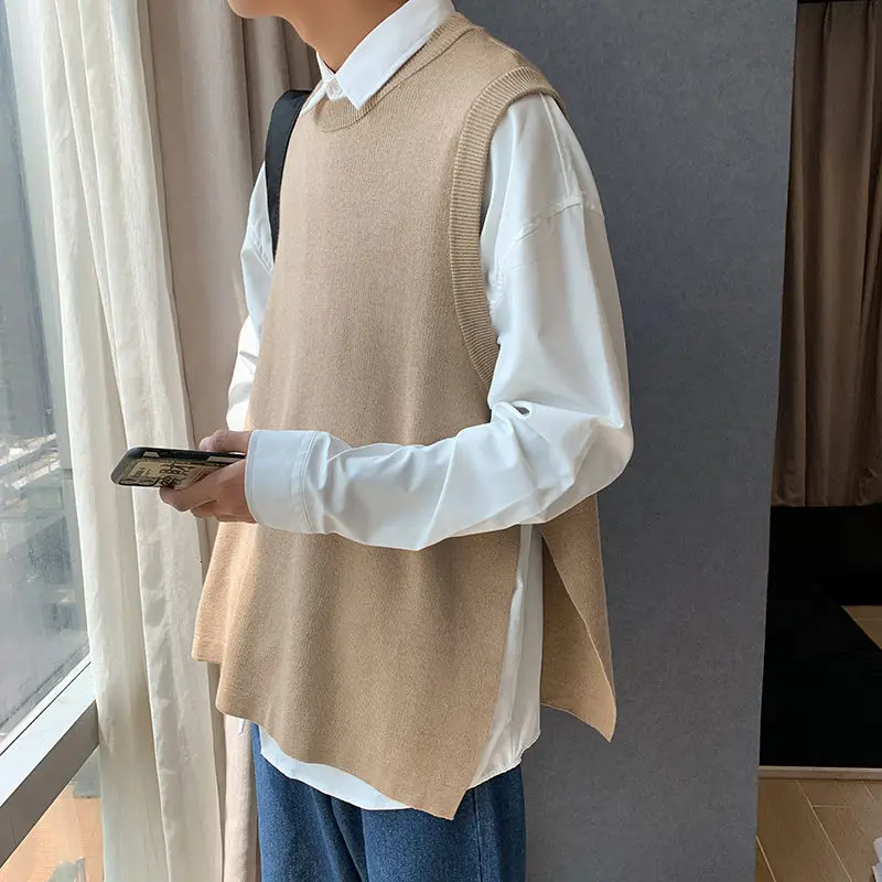 

Autumn Korean Sweater Vest Men's Fashion Casual O-neck Knitted Pullover Men Wild Loose Vest Knitting Sweaters Mens Clothes M-3XL