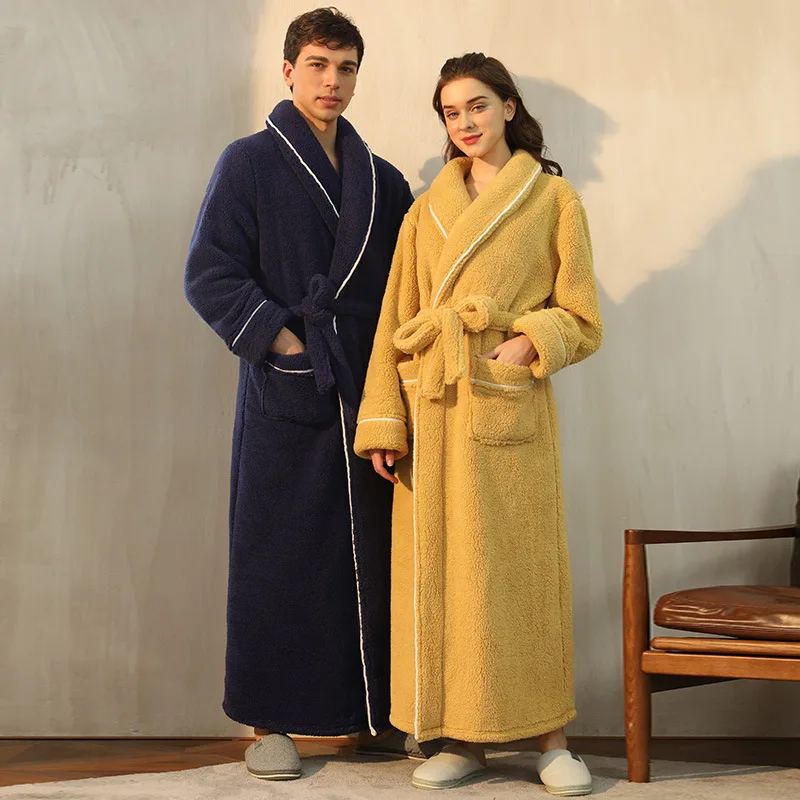 Autumn and Winter Nightgown Thickened Comfort Cotton Wool Men's Winter Plus Big Size Couple Bathrobes Plus Long Pajamas Women