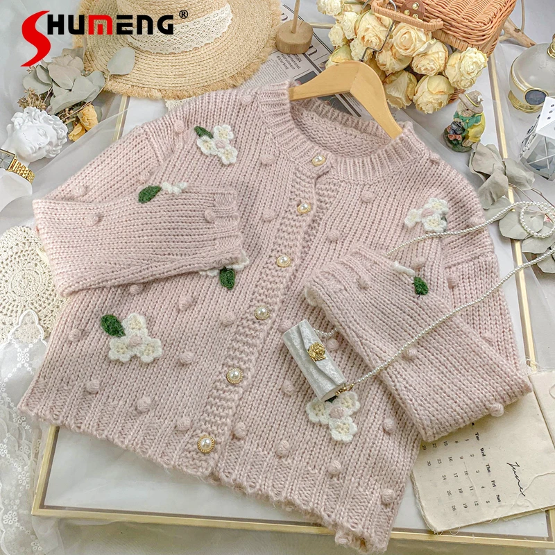 

2021 New Early Autumn Female Mori Vintage Gentle Sweater Cardigan Women's Fashion Pink Crocheted Loose Western Style Knitted Top