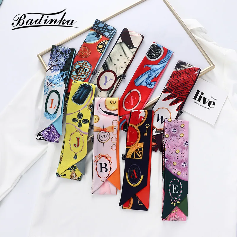 

2021 New Designer Initial Letter Twilly Silk Scarf for Bag Handle Ribbons Women Small Long Skinny Hair Satin Headband Scarves