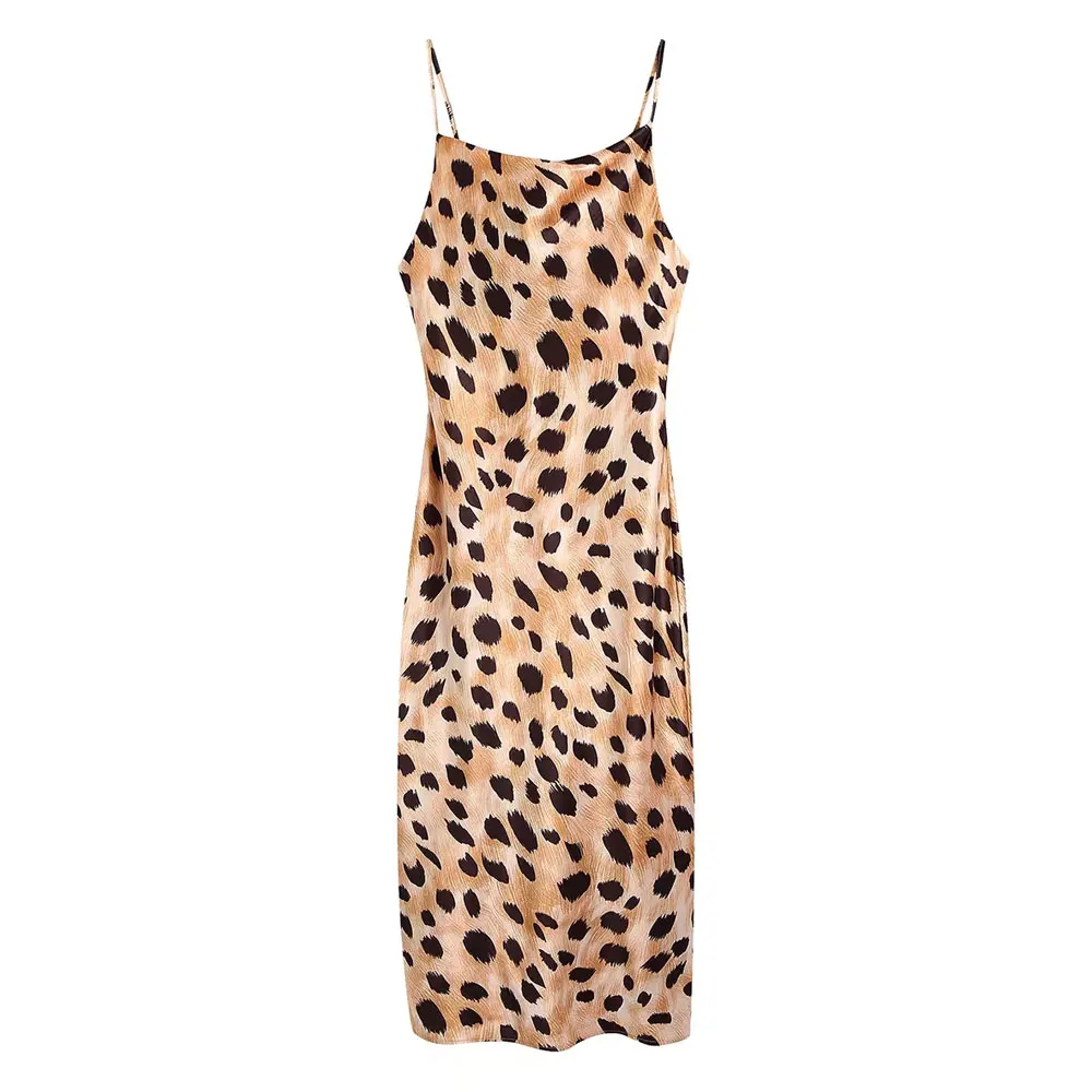 

Women Chic Fashion Leopard Print Soft Touch Midi Dress Vintage Backless Tied Thin Straps Female Dresses Vestidos Mujer