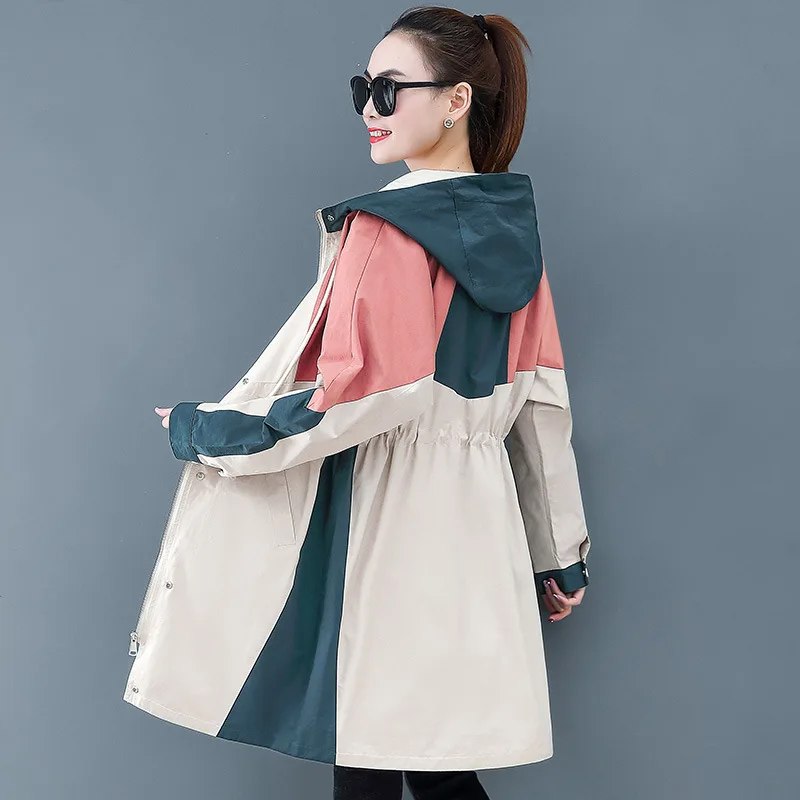 

2020 Fashion Thin Trench Coat For Women Spring Autumn Hooded Outerwear Splice Long Windbreaker Student Casual Top Plus Size