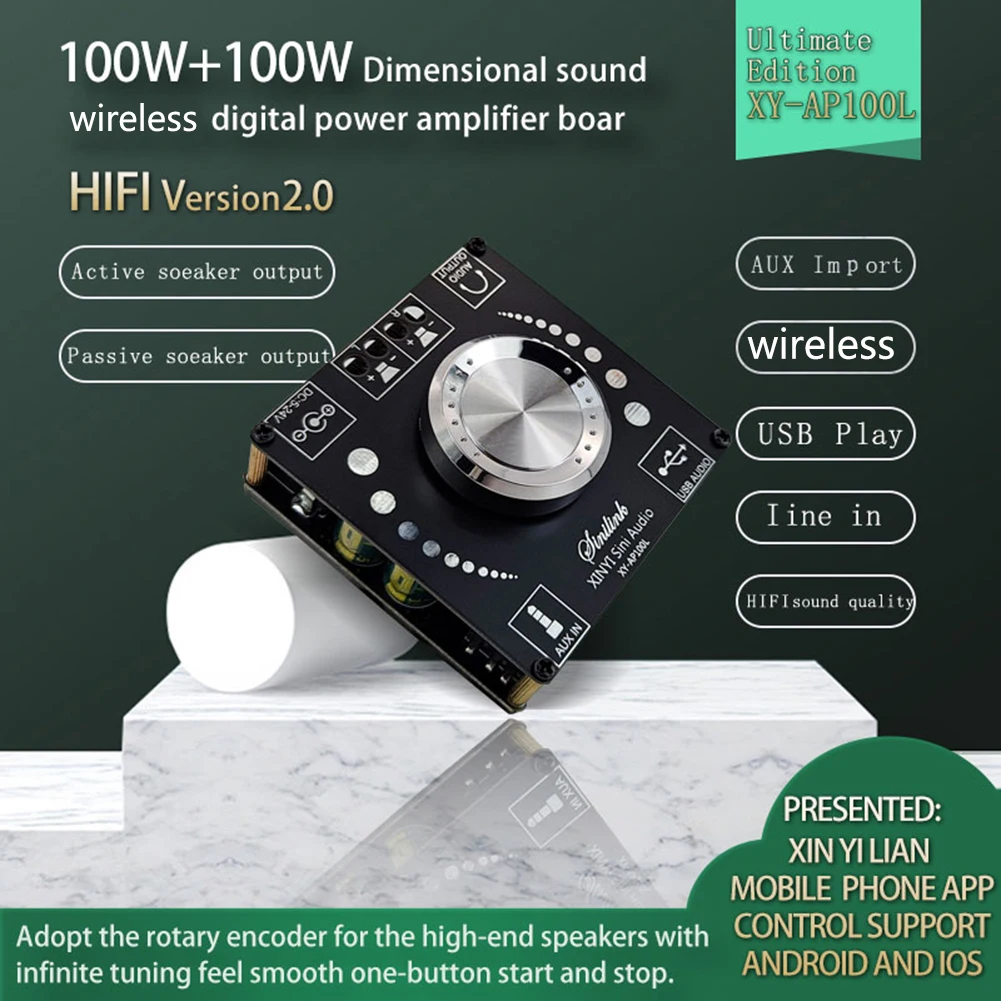 

XY-AP100L 100WX2 Bluetooth 5.0 Stereo Amplifier Board AUX USB Sound Card Digital Power Amp Amplificador APP Control Module Kit