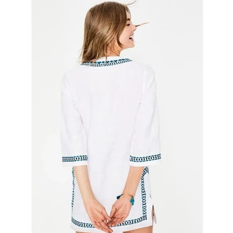 Женское пляжное платье с вышивкой Indie хлопковая туника разрезом сбоку одежда для