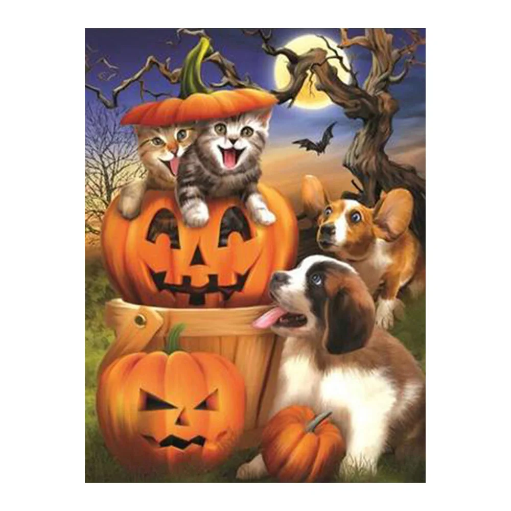 Хэллоуин Тыква мультфильм Алмазная картина животное кошка и собака круглая