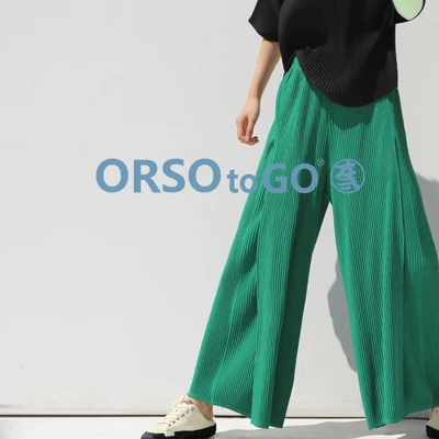 HOT SELLING Miyake Fashion fold SOLID Casual fall/winter plus size pocket thick wide-leg pants IN STOCK