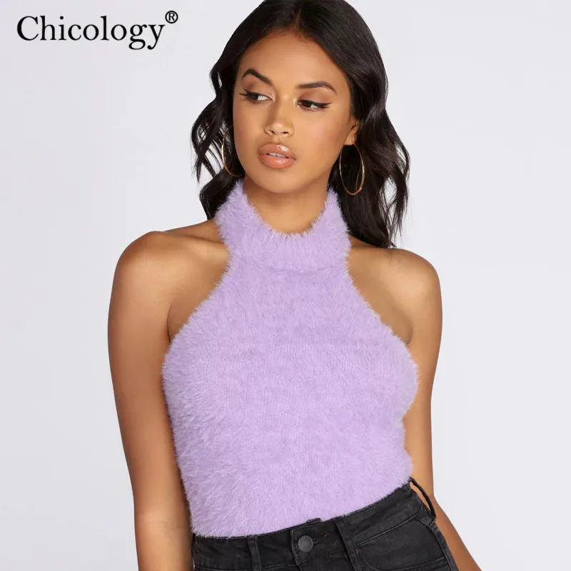 Chicology с лямкой на шее бархатное бархат меха без рукавов укороченный топ бретелях