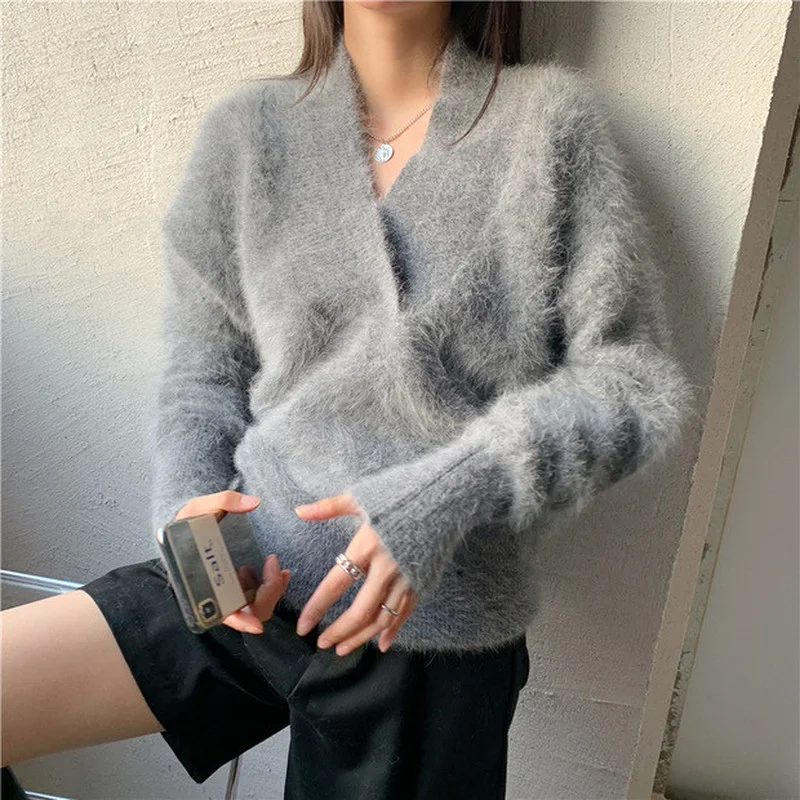 

V-neck Mink Cashmere Sweater 2021 Woman Autumn Winter White Long-sleeve Knitting Jumper Female Fall New Soft Pullover Ladies