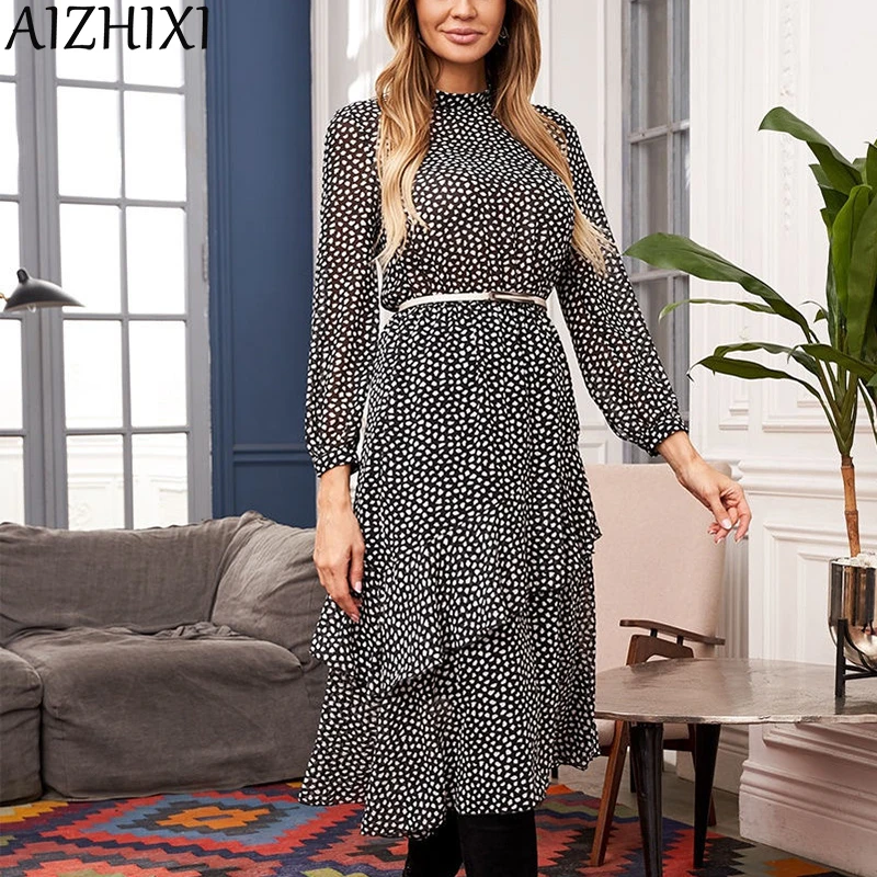 AIZHIXI Дамы бохо черное Шифоновое платье С оборками для женщин Воротник стойка