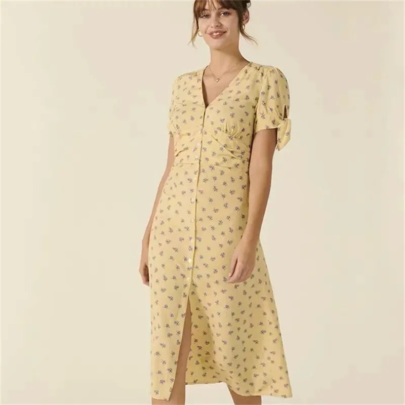 Платье женское длинное с V-образным вырезом цветочным принтом | Женская одежда