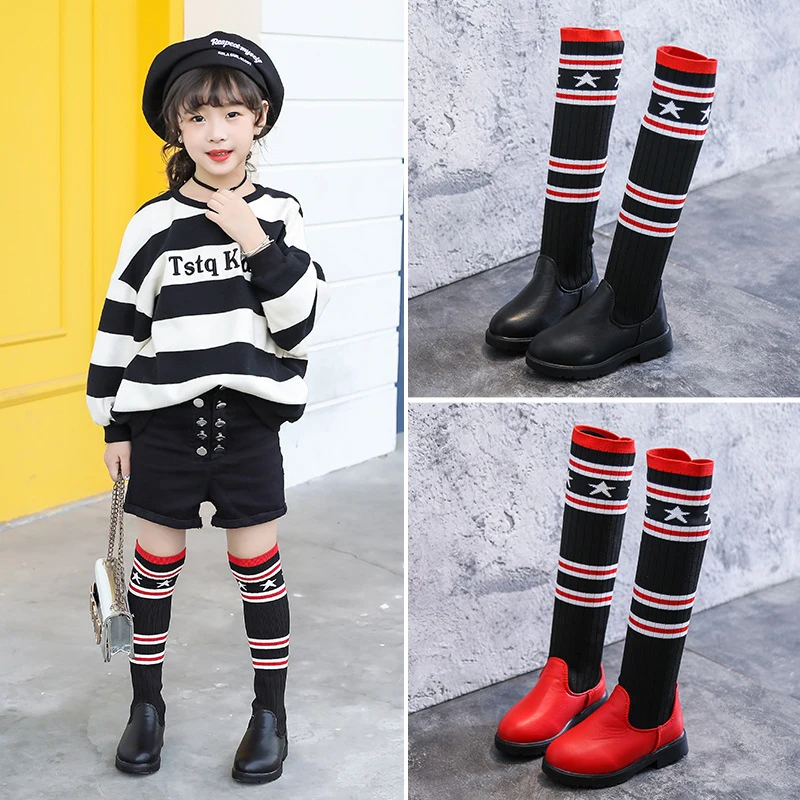 

Baby Girl Boot Knee-high Children Shoes Low Heel PU Material New Fashion Trend Anti-Skid winter Warm Boots for Kids Black