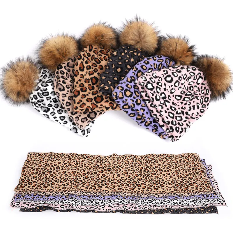 Женский головной убор с леопардовым принтом Меховые помпоны из енота женская