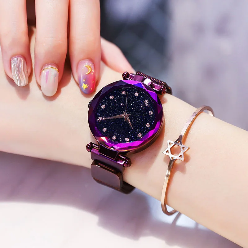 

Starry Sky Women Watch Fashion Elegant Magnet Buckle Vibrato Purple Gold Ladies Wristwatch Luxury Women Watches Beauty Decorate