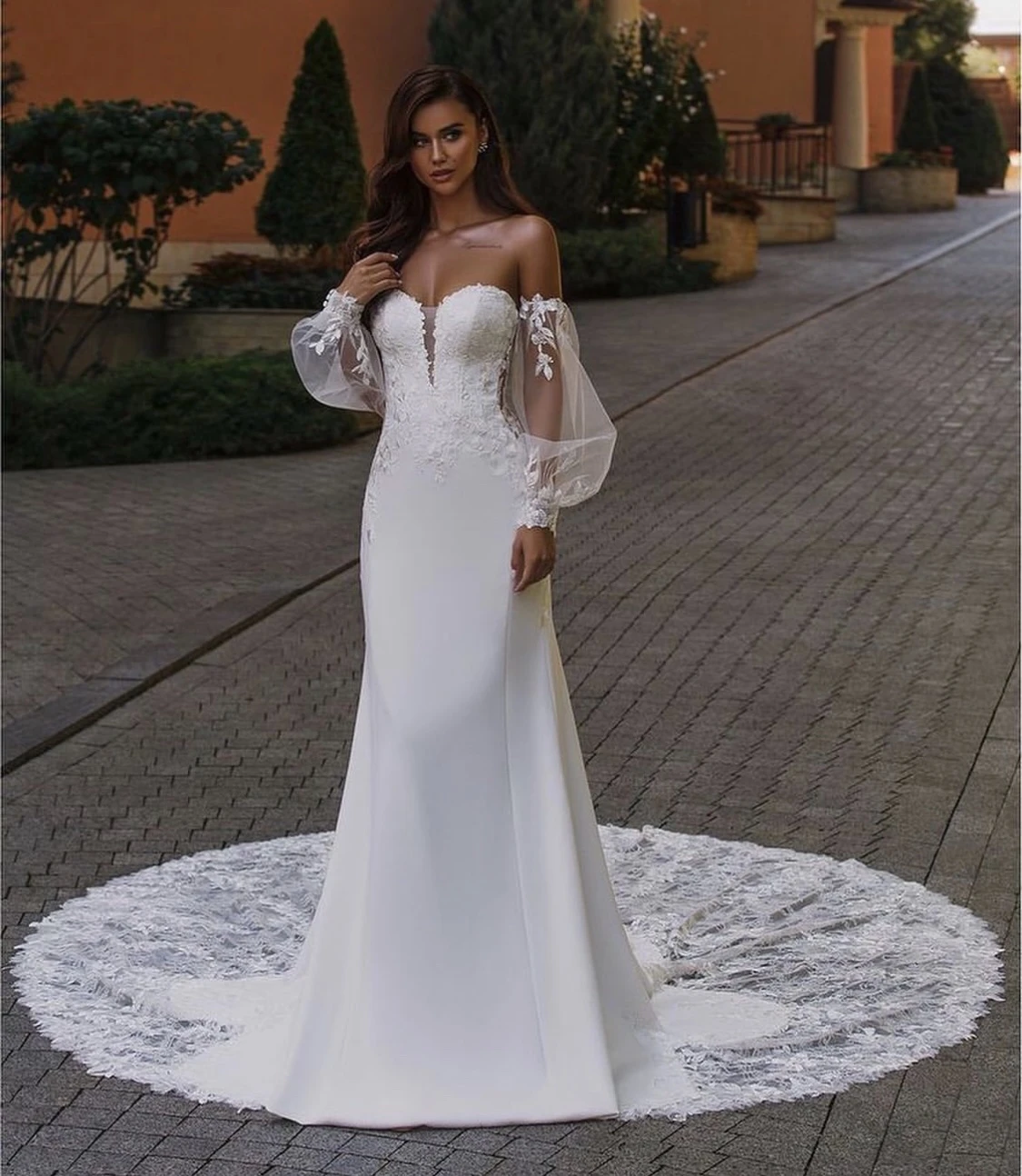 

Wedding Dress Mermaid Sweetheart Lantern Sleeve Lace Appliques Sequined Beads Backless Floor Length Sweep Train Bride Gown 2021
