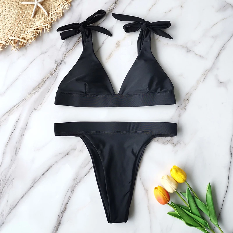 

2021 New High Waist Bikini Women Swimsuit Push Up Swimwear Solid Halter Bikini Set Brazilian Bathing Suit Swimming Wear Female